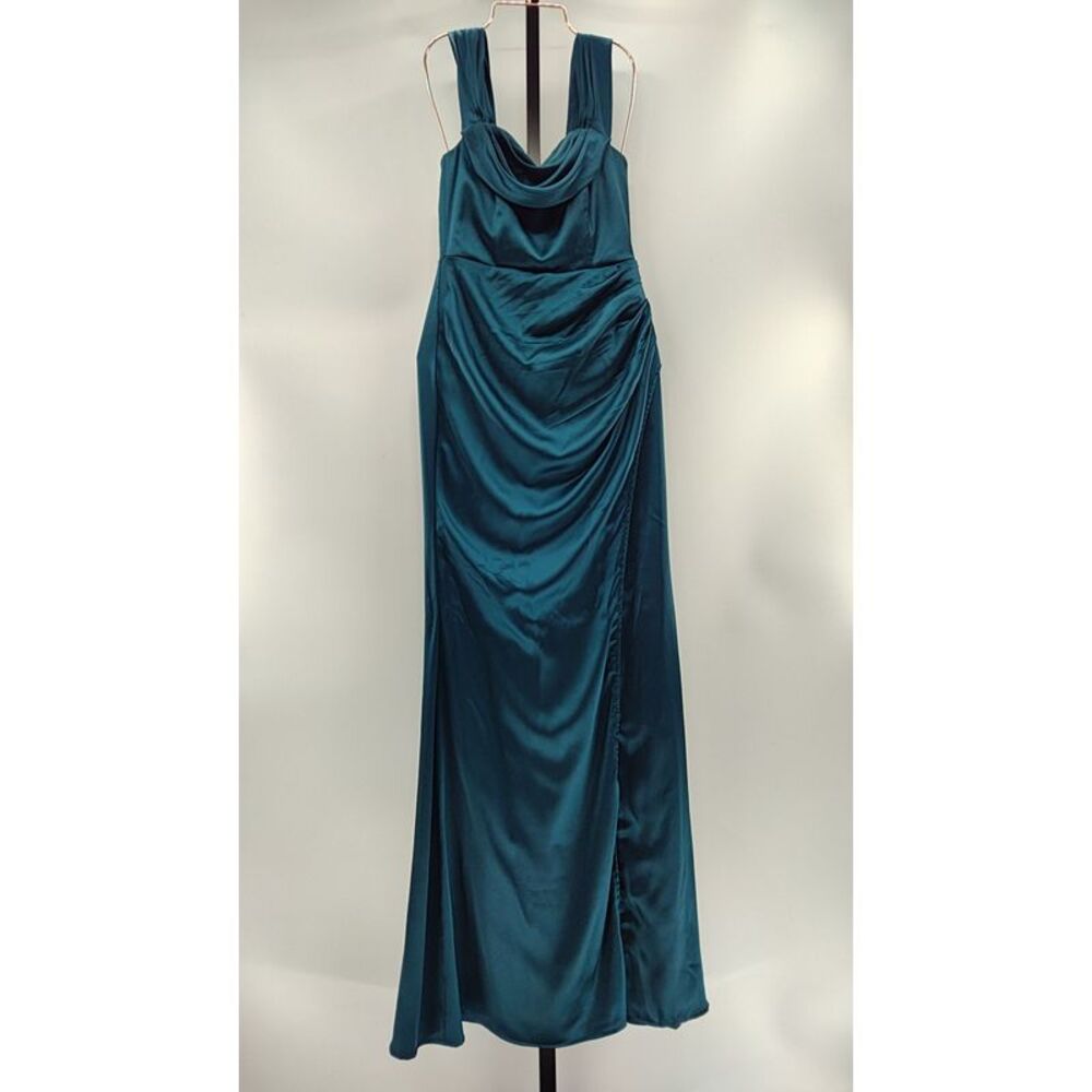 Lulus Women Stunning Arrival Satin Off-The-Shoulder Maxi Dress Dark Teal S - Picture 2 of 3